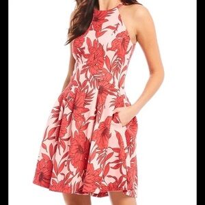 Vince Camuto Halter Neck Fit and Flare Floral Mini Dress